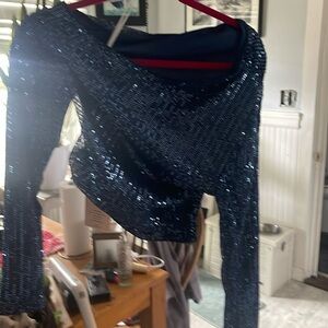 Blue large sequin off the shoulder shirt